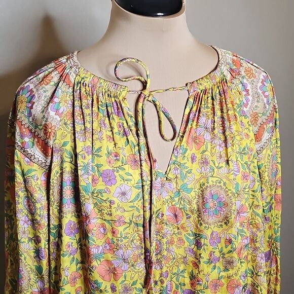 Current Air Yellow and Pink Floral Satin Long Sleeve Tie Front Peasant Blouse Sm - Picture 2 of 8
